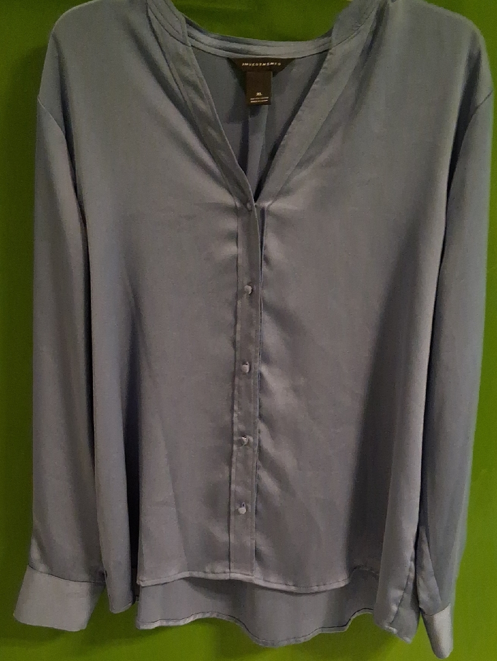 Blue Button-Front V-Neck Blouse